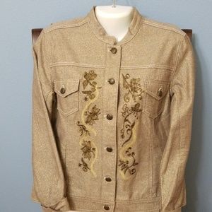 Chico's Embroidered Jean Jacket Gold Metallic Sz1
